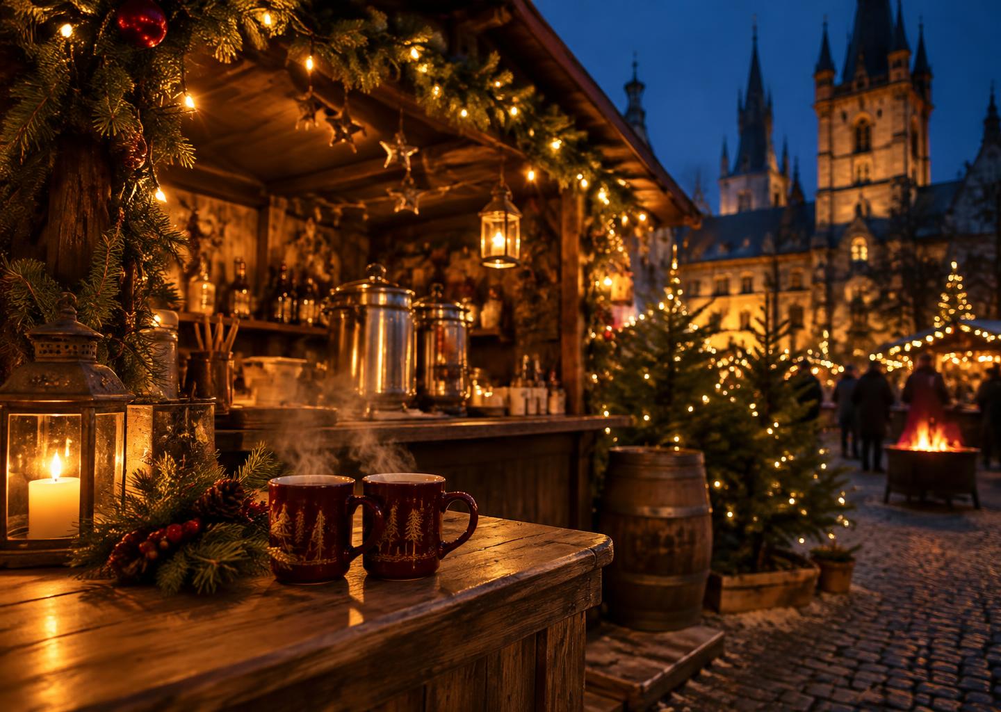 Glühwein und festliche Lichter an einer gemütlichen Weihnachtsmarkthütte – stimmungsvolles Symbolbild
